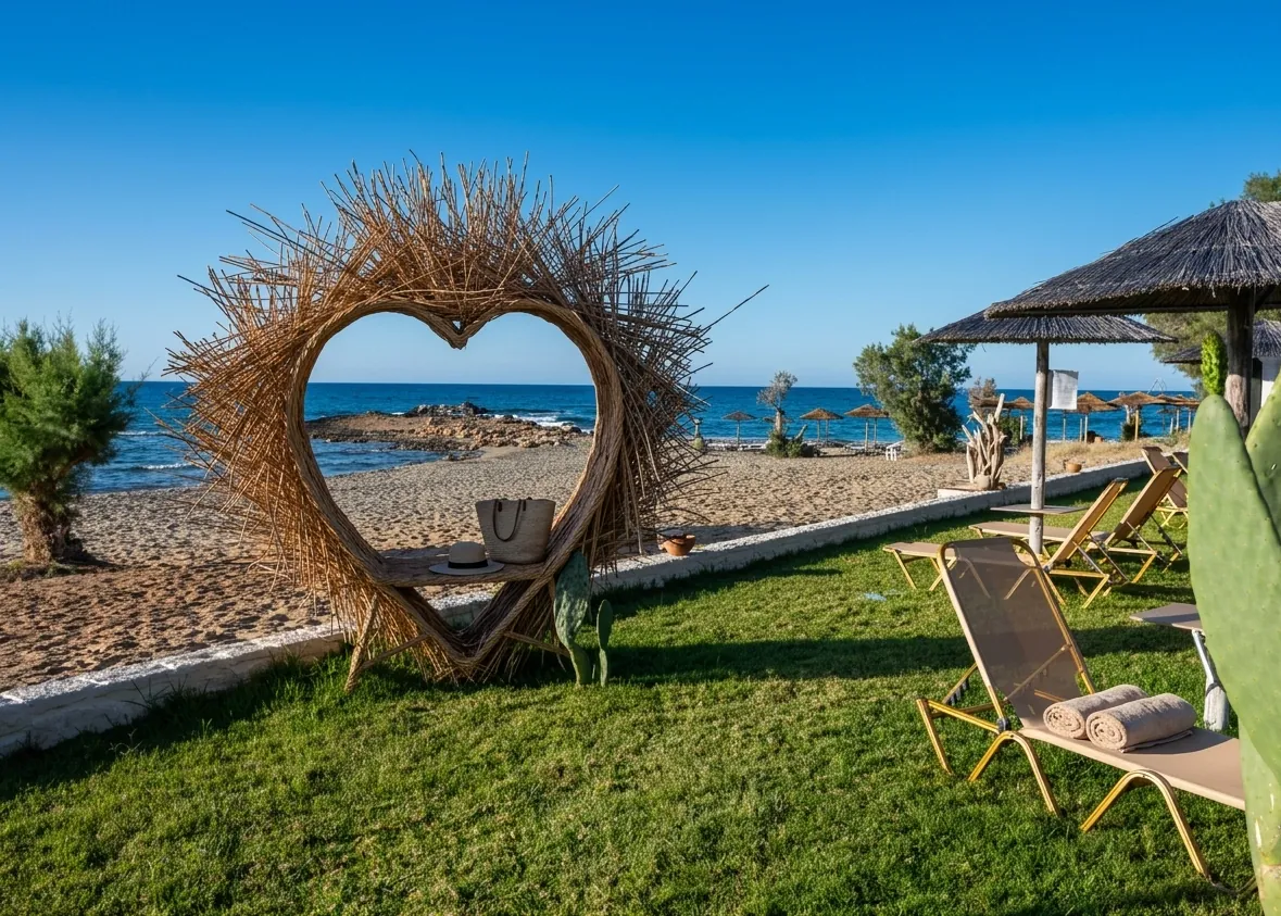 Heart-shaped wicker sculpture on the private beach garden at Silver Sun Studios & Apartments, Malia, Crete